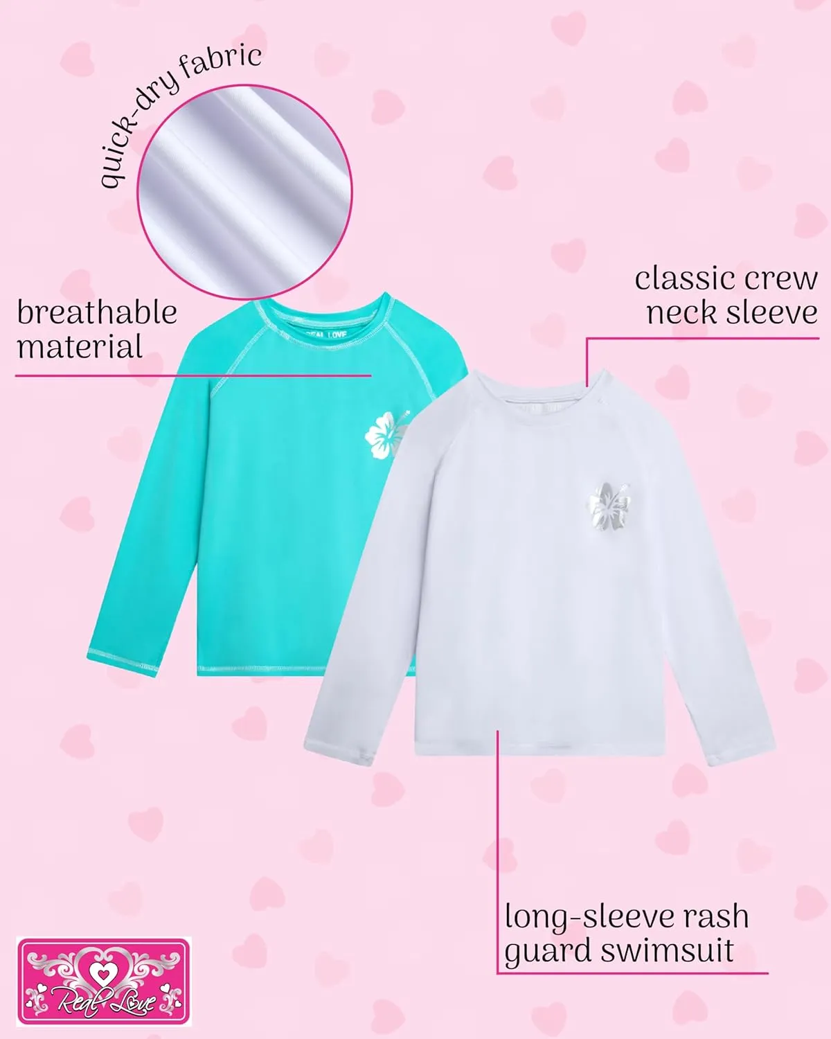 Real Love Girls' Rash Guard Shirts - 2 Piece Quick Dry Crew Neck Long Sleeve Swimming Shirts for Girls (Sizes: 2T-16)