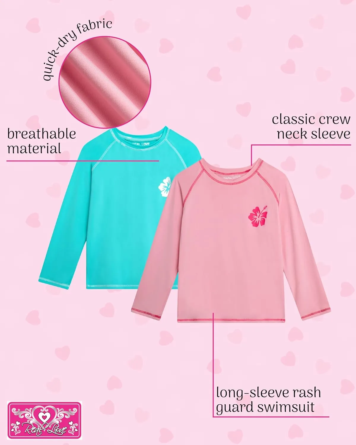 Real Love Girls' Rash Guard Shirts - 2 Piece Quick Dry Crew Neck Long Sleeve Swimming Shirts for Girls (Sizes: 2T-16)