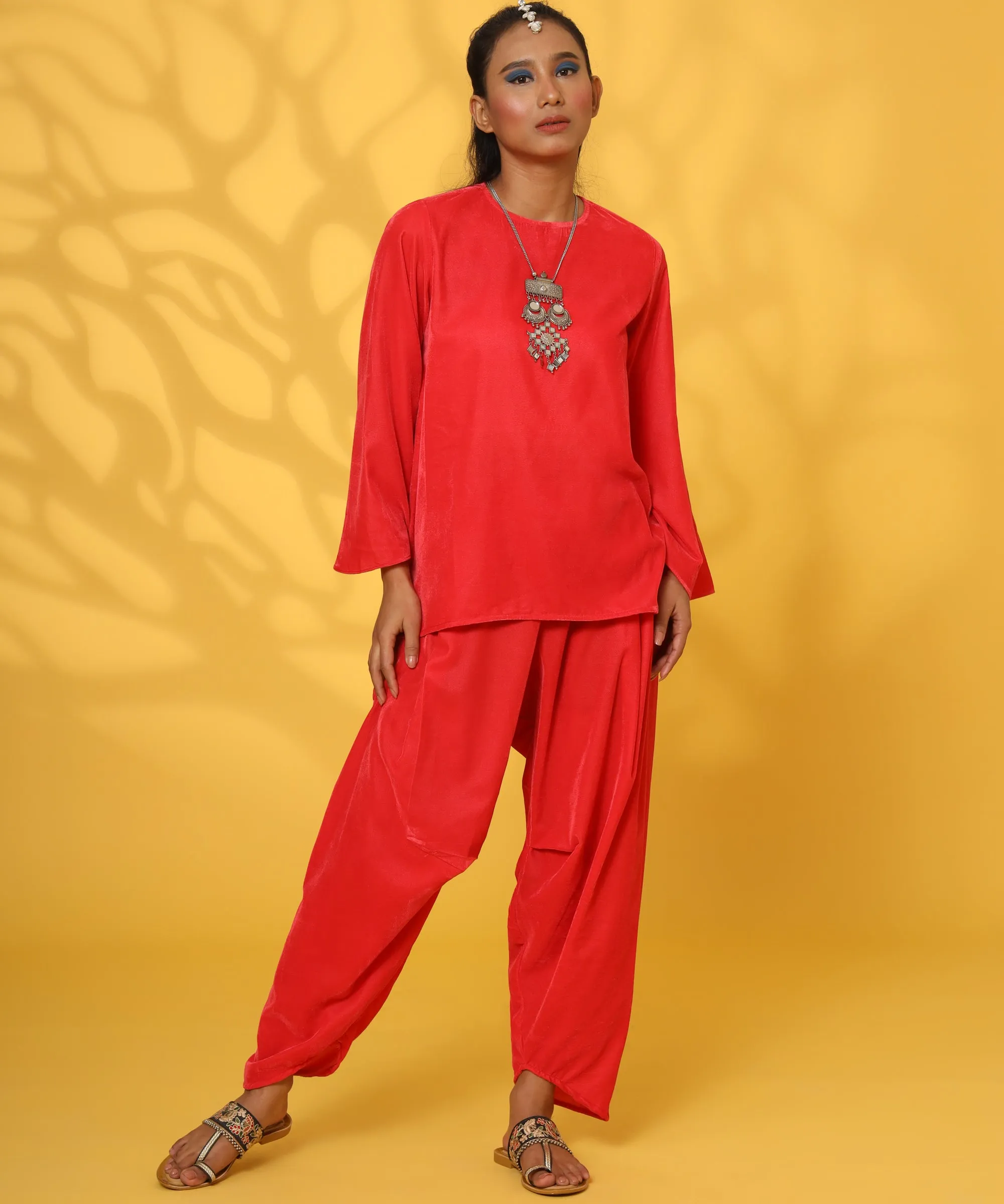 RED VELVET DHOTI COORD-SET FOR WOMEN