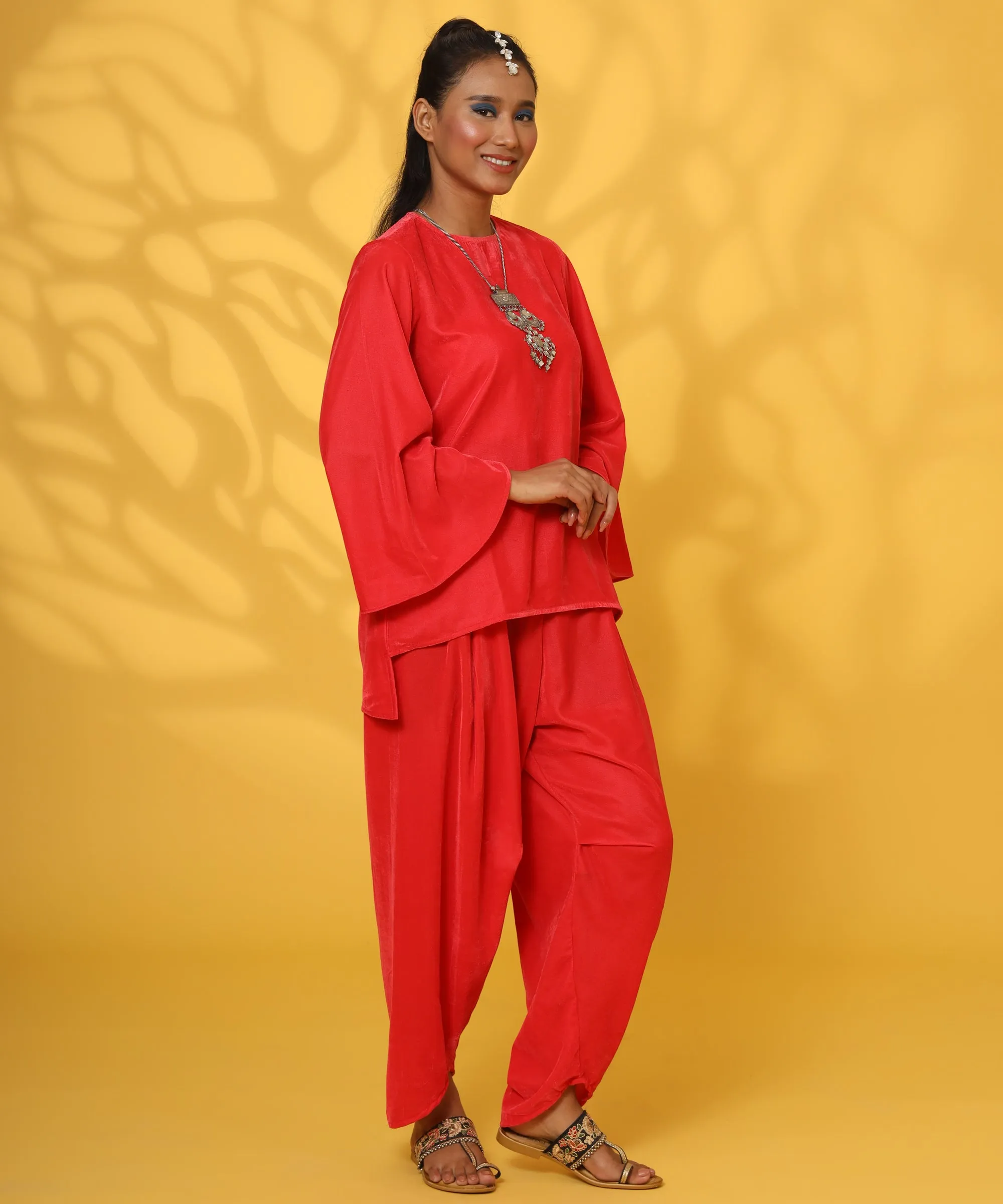 RED VELVET DHOTI COORD-SET FOR WOMEN