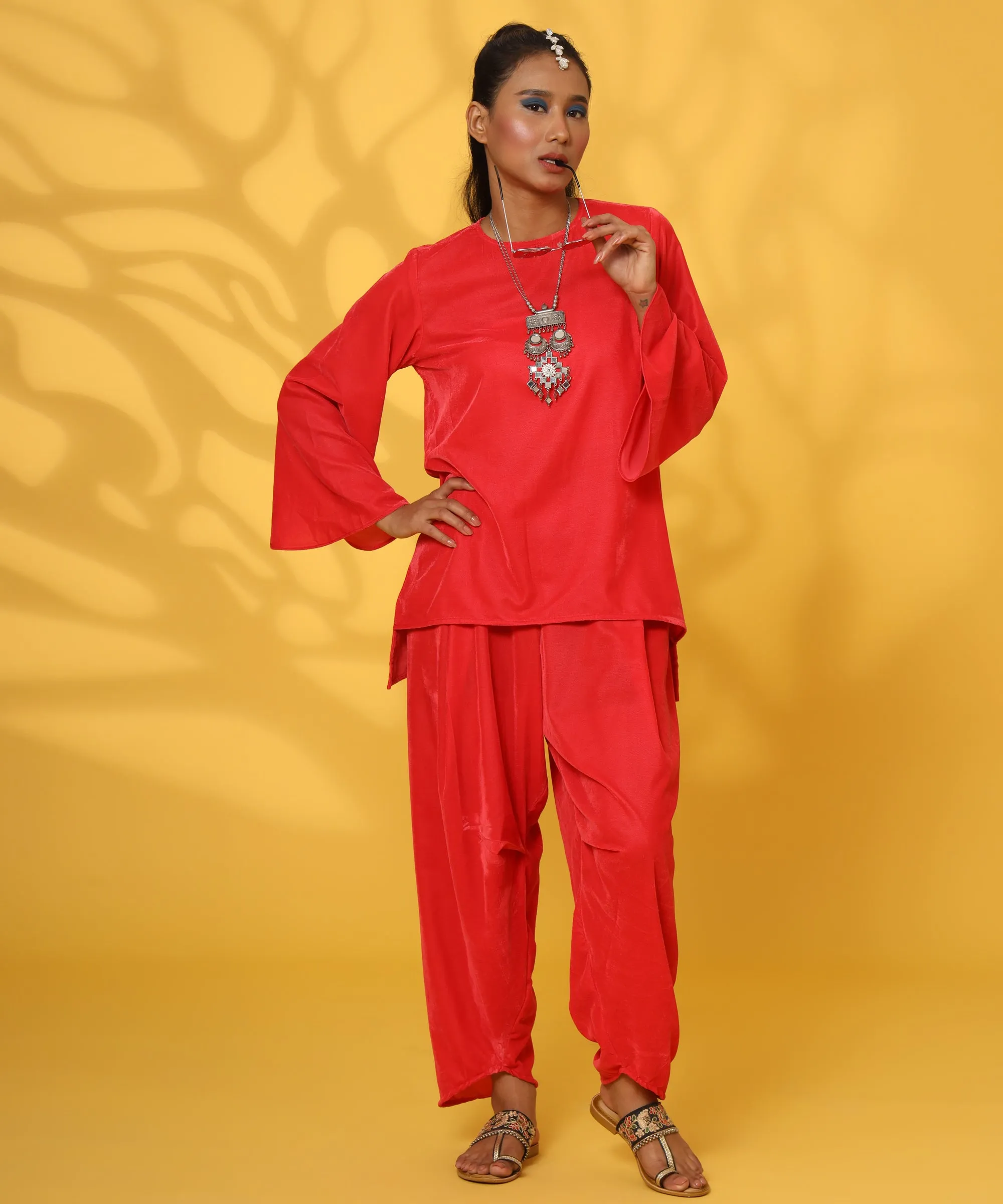 RED VELVET DHOTI COORD-SET FOR WOMEN