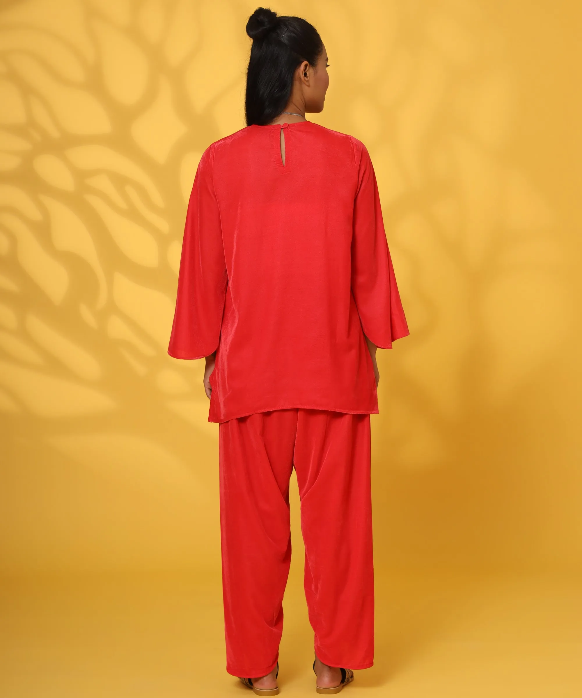 RED VELVET DHOTI COORD-SET FOR WOMEN