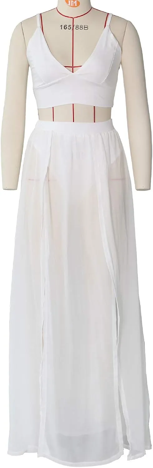 Rela Bota Women's Sexy Summer 2 Piece Maxi Chiffon Dress Crop Top Skirt Set Beachwear Cover Up
