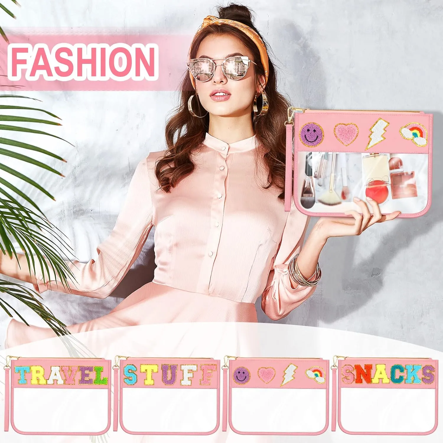 Remerry 4 Pack Chenille Letter Bag Clear Monogram Cosmetic Makeup Bag Travel Snack Beach Stuff Patch Pouch Preppy Gifts for Women Girls