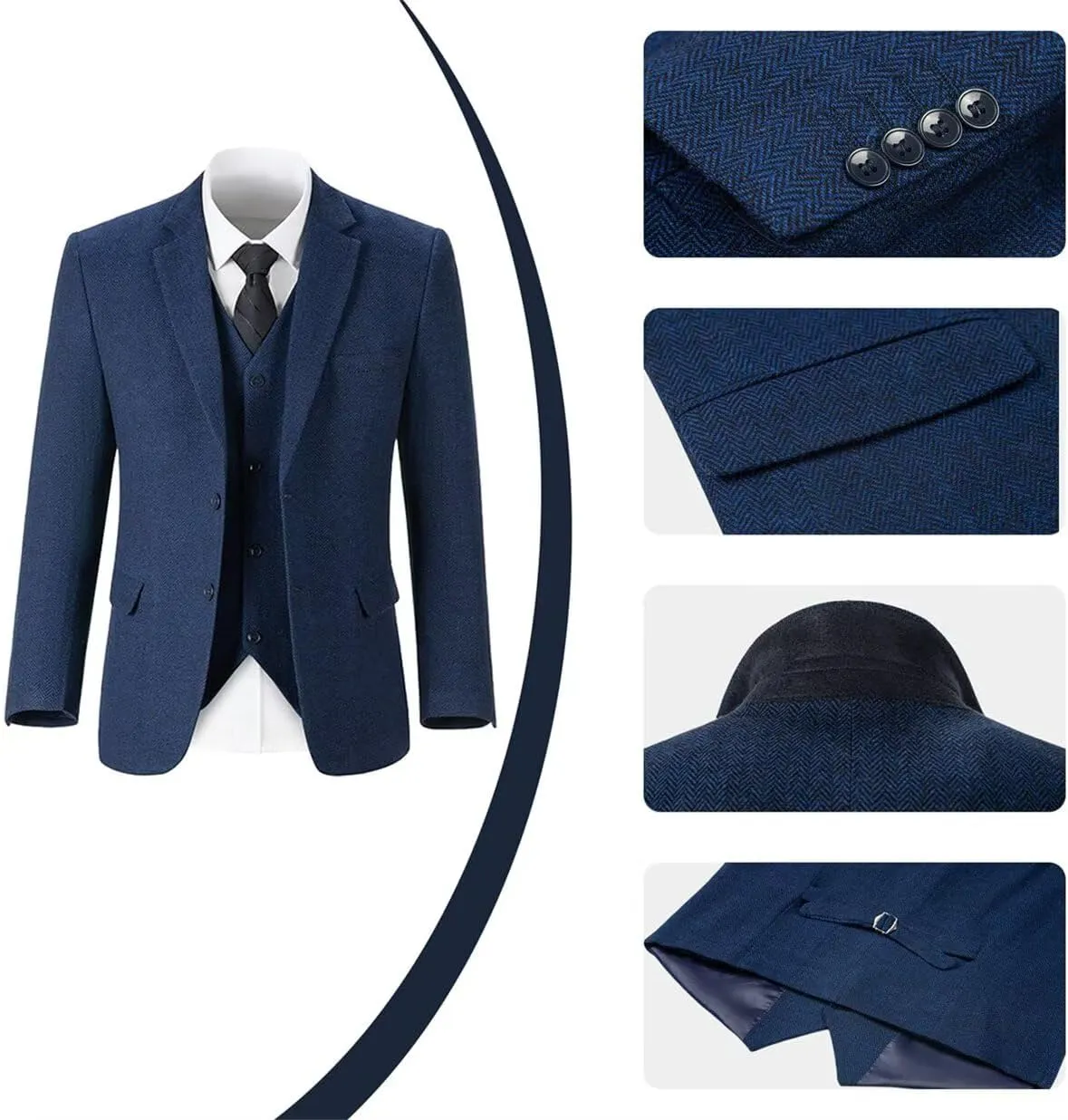 Retro Mens 3 Piece Suit Tweed Herringbone Slim Fit Suits Groomsmen Brown Tuxedos Set Prom Jacket Blazer Vest Pants for Men
