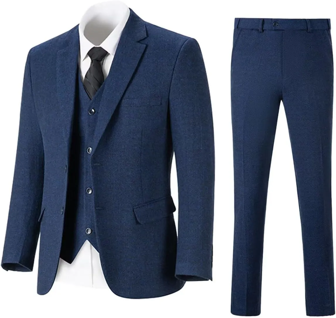 Retro Mens 3 Piece Suit Tweed Herringbone Slim Fit Suits Groomsmen Brown Tuxedos Set Prom Jacket Blazer Vest Pants for Men