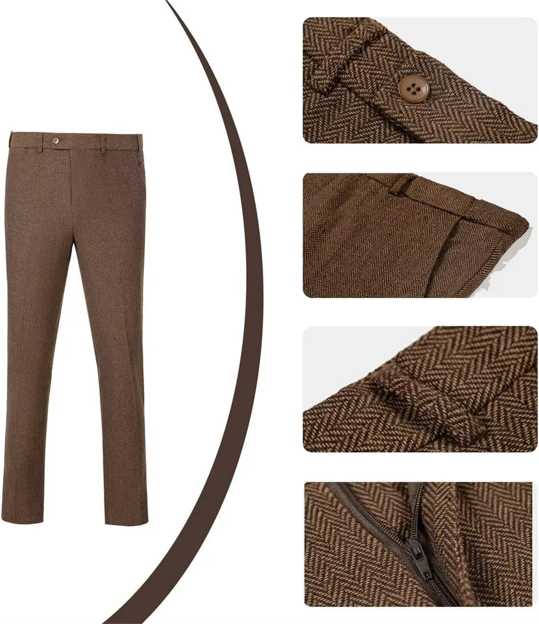Retro Mens 3 Piece Suit Tweed Herringbone Slim Fit Suits Groomsmen Brown Tuxedos Set Prom Jacket Blazer Vest Pants for Men