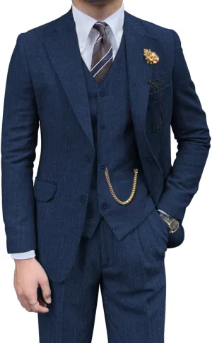 Retro Mens 3 Piece Suit Tweed Herringbone Slim Fit Suits Groomsmen Brown Tuxedos Set Prom Jacket Blazer Vest Pants for Men