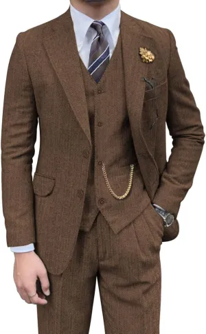 Retro Mens 3 Piece Suit Tweed Herringbone Slim Fit Suits Groomsmen Brown Tuxedos Set Prom Jacket Blazer Vest Pants for Men
