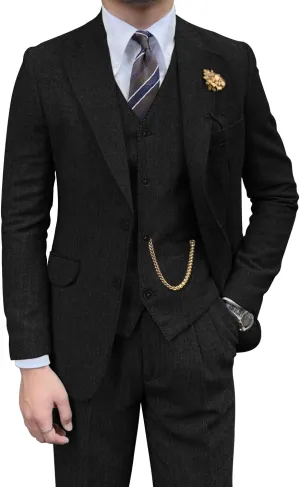 Retro Mens 3 Piece Suit Tweed Herringbone Slim Fit Suits Groomsmen Brown Tuxedos Set Prom Jacket Blazer Vest Pants for Men