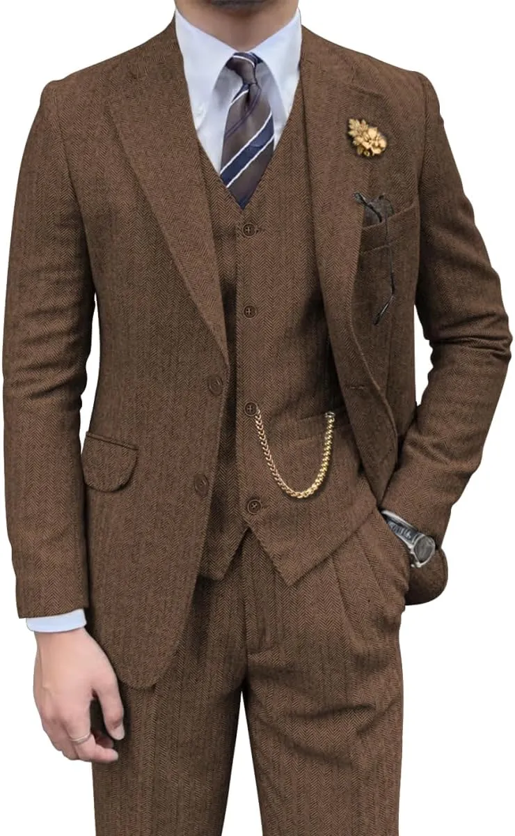 Retro Mens 3 Piece Suit Tweed Herringbone Slim Fit Suits Groomsmen Brown Tuxedos Set Prom Jacket Blazer Vest Pants for Men