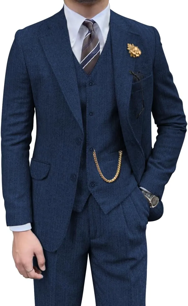 Retro Mens 3 Piece Suit Tweed Herringbone Slim Fit Suits Groomsmen Brown Tuxedos Set Prom Jacket Blazer Vest Pants for Men