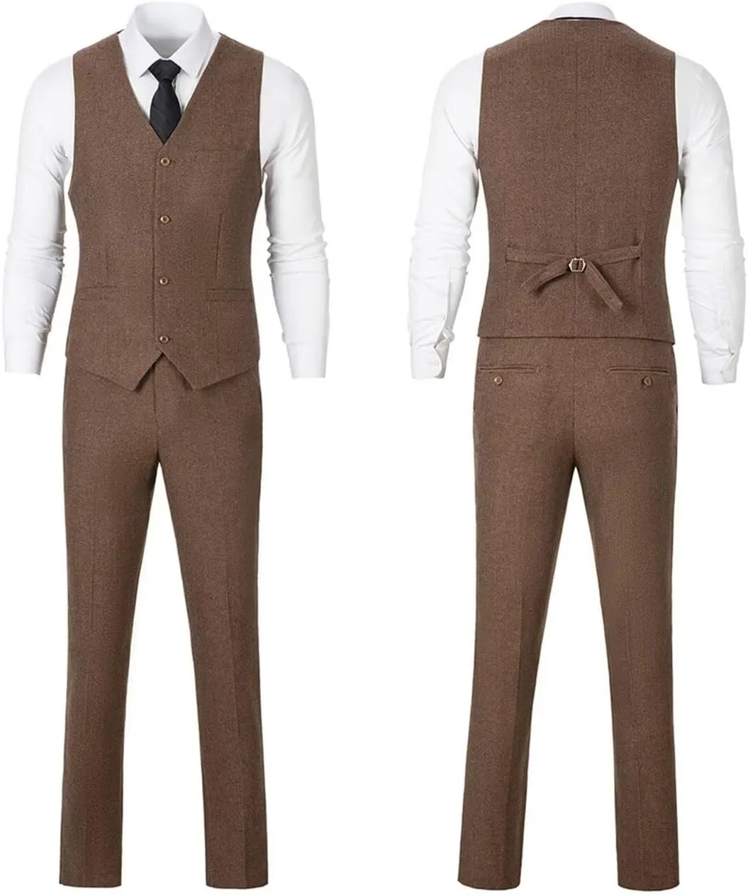 Retro Mens 3 Piece Suit Tweed Herringbone Slim Fit Suits Groomsmen Brown Tuxedos Set Prom Jacket Blazer Vest Pants for Men