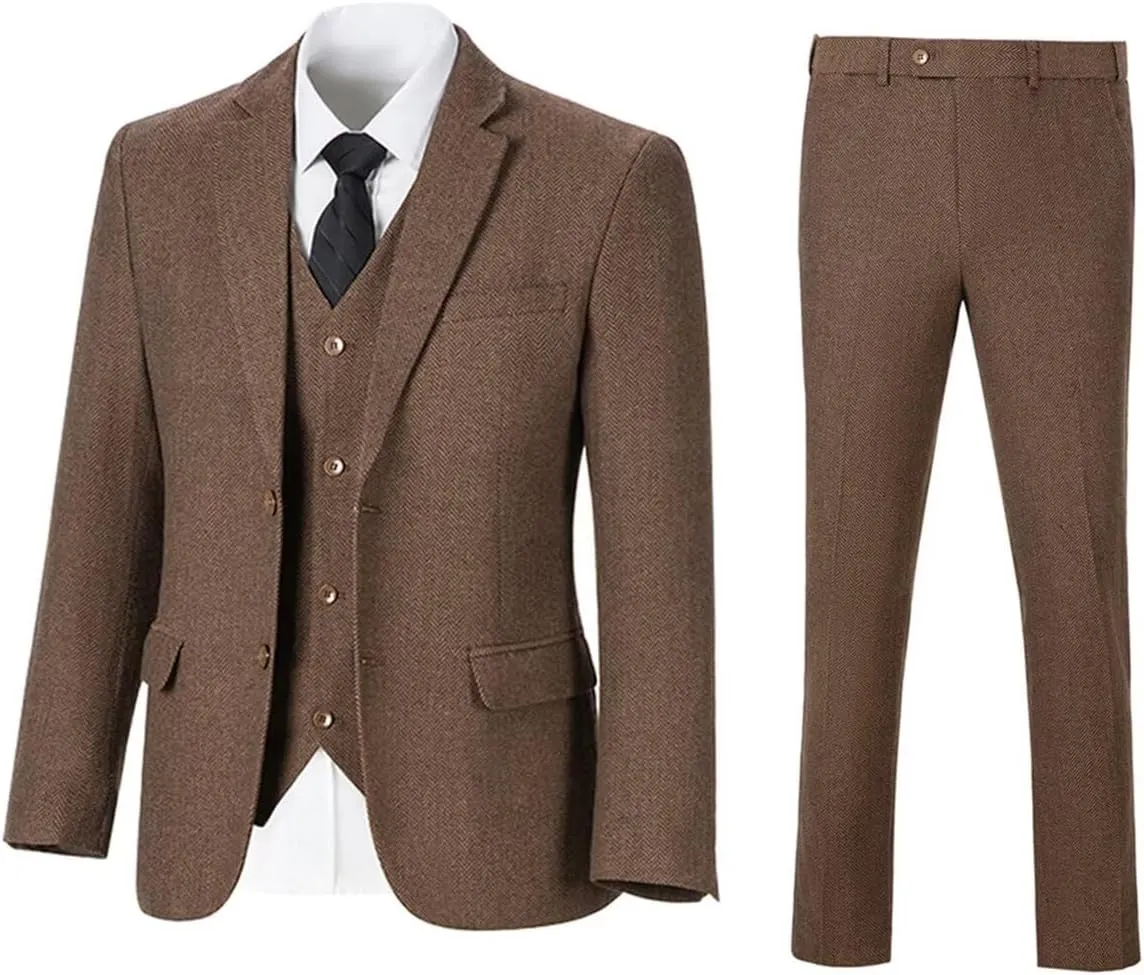 Retro Mens 3 Piece Suit Tweed Herringbone Slim Fit Suits Groomsmen Brown Tuxedos Set Prom Jacket Blazer Vest Pants for Men