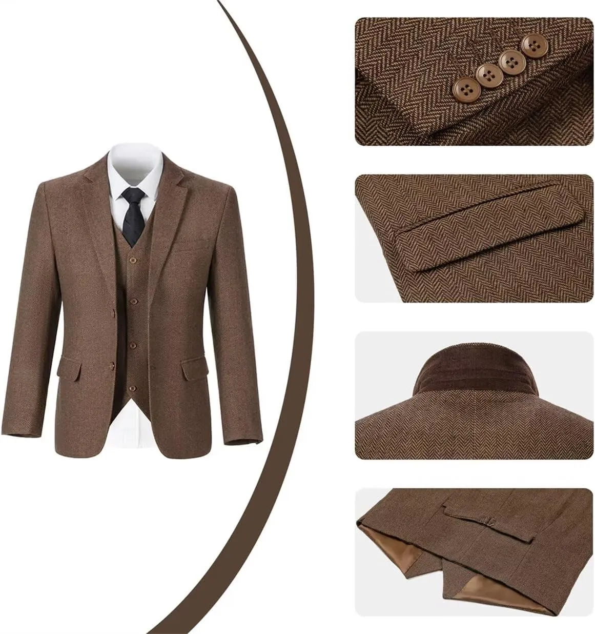 Retro Mens 3 Piece Suit Tweed Herringbone Slim Fit Suits Groomsmen Brown Tuxedos Set Prom Jacket Blazer Vest Pants for Men