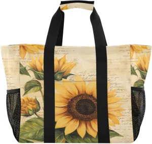 Retro Sunflower Large Beach Bags for Women & Men,Waterproof Sandproof Beach Tote Swim Pool Bag for Pool Gym Grocery Travel