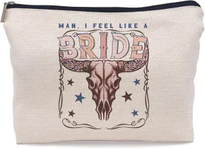 Retro Western Bachelorette Party Nashville Bride Pink Bull Head Skull Makeup Bag,Men I Feel Like a Bride Cosmetic Makeup Bag for Teen Girls Women,Bachelorette Party Gifts Makeup Bag