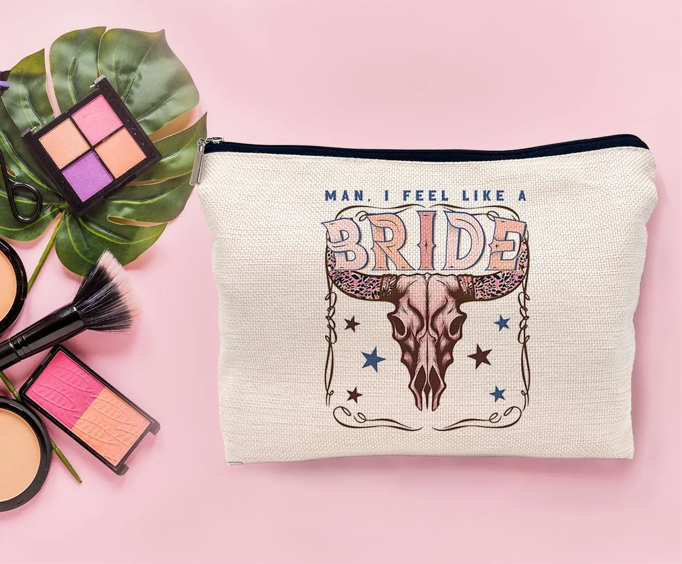 Retro Western Bachelorette Party Nashville Bride Pink Bull Head Skull Makeup Bag,Men I Feel Like a Bride Cosmetic Makeup Bag for Teen Girls Women,Bachelorette Party Gifts Makeup Bag