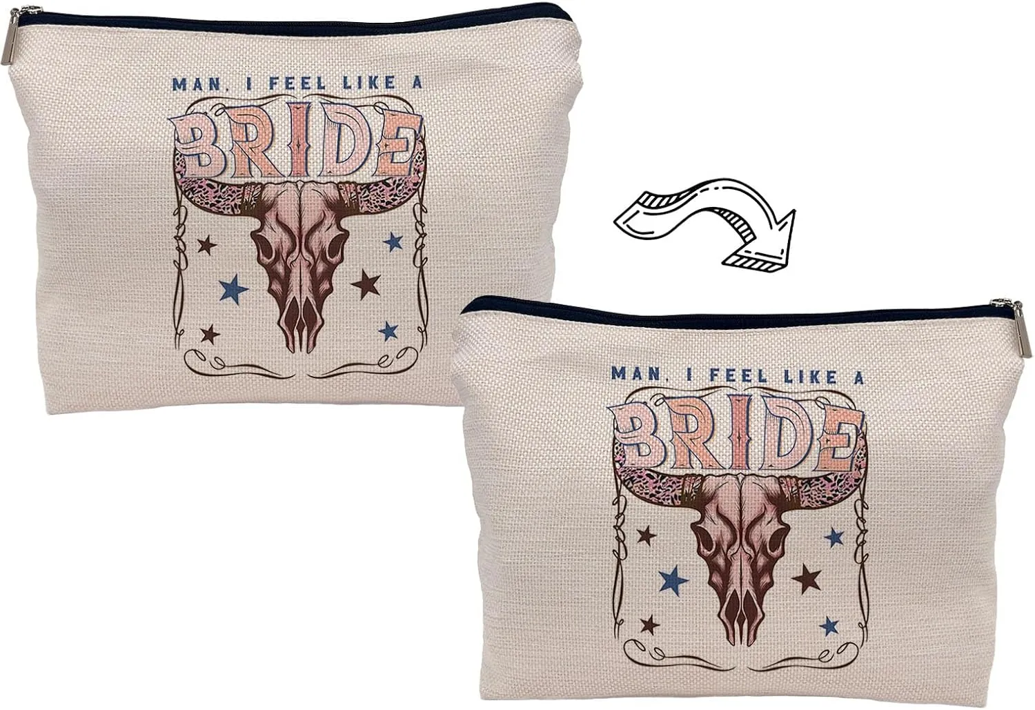 Retro Western Bachelorette Party Nashville Bride Pink Bull Head Skull Makeup Bag,Men I Feel Like a Bride Cosmetic Makeup Bag for Teen Girls Women,Bachelorette Party Gifts Makeup Bag