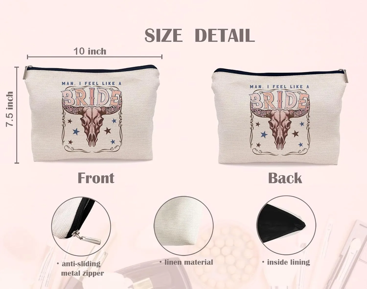 Retro Western Bachelorette Party Nashville Bride Pink Bull Head Skull Makeup Bag,Men I Feel Like a Bride Cosmetic Makeup Bag for Teen Girls Women,Bachelorette Party Gifts Makeup Bag