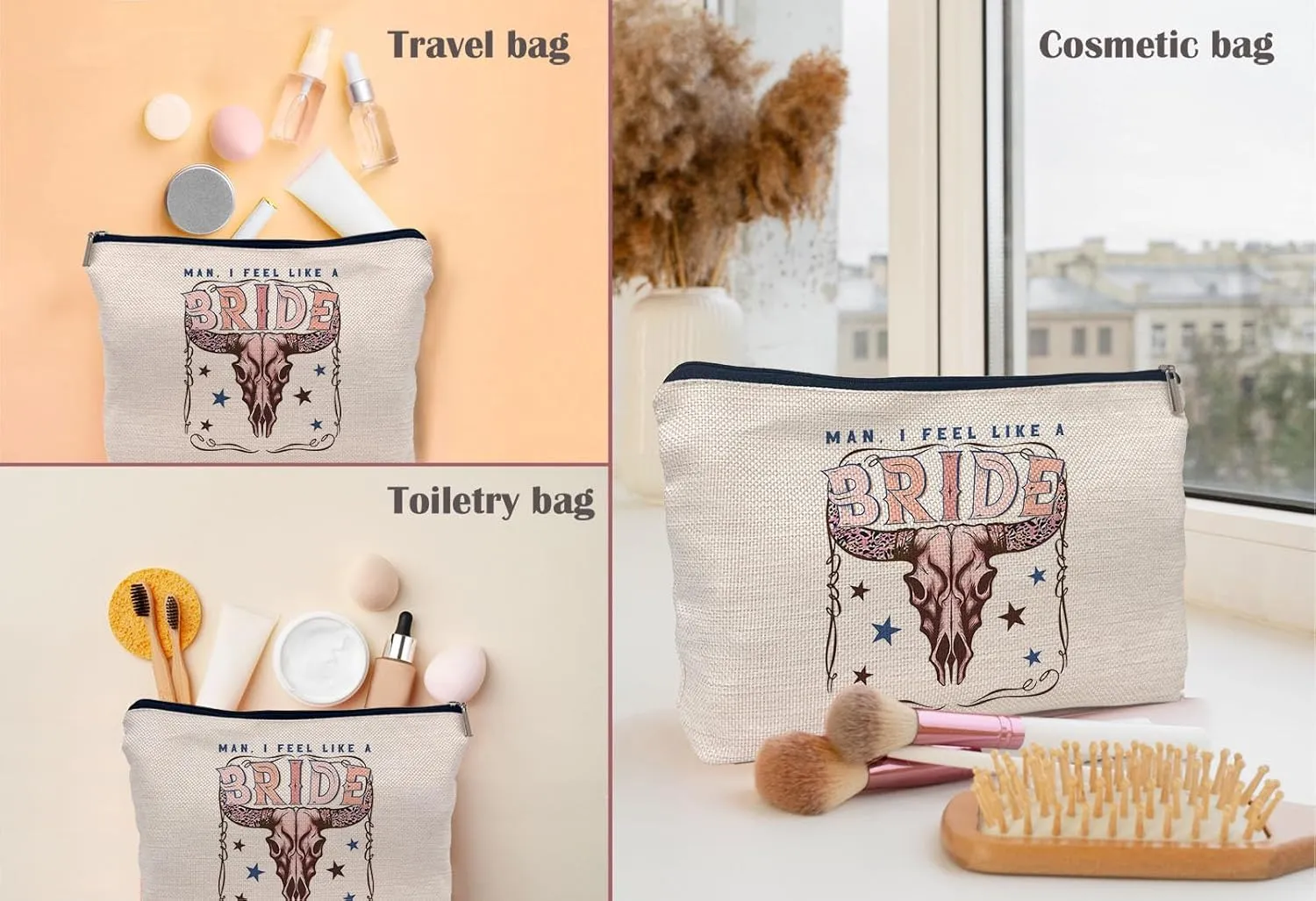 Retro Western Bachelorette Party Nashville Bride Pink Bull Head Skull Makeup Bag,Men I Feel Like a Bride Cosmetic Makeup Bag for Teen Girls Women,Bachelorette Party Gifts Makeup Bag