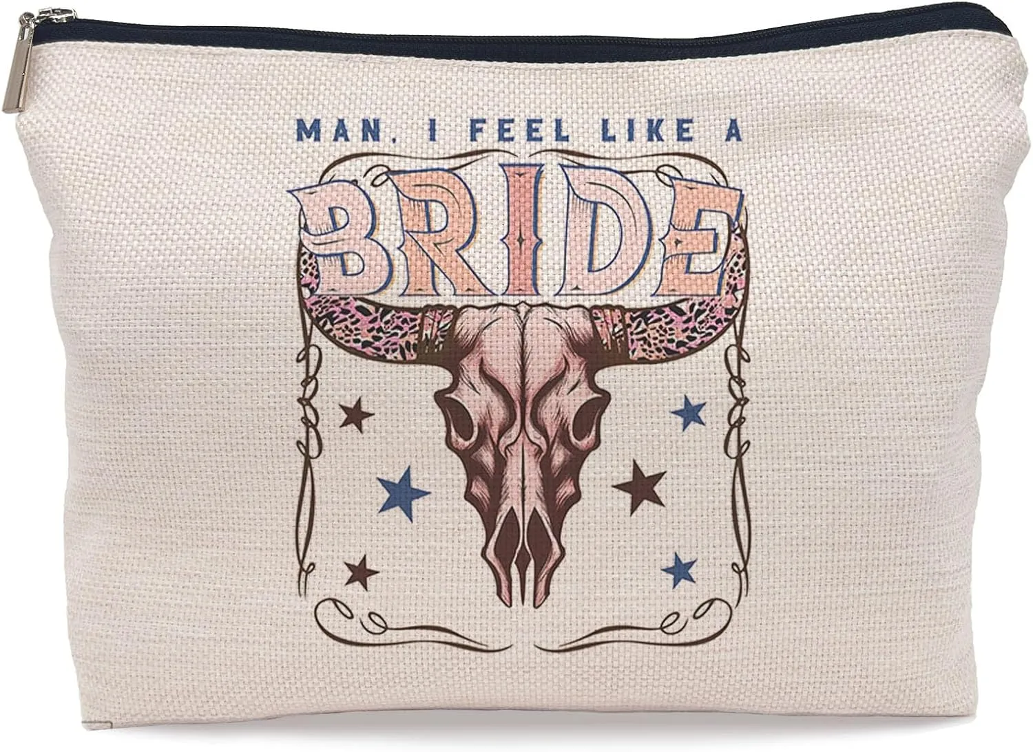 Retro Western Bachelorette Party Nashville Bride Pink Bull Head Skull Makeup Bag,Men I Feel Like a Bride Cosmetic Makeup Bag for Teen Girls Women,Bachelorette Party Gifts Makeup Bag