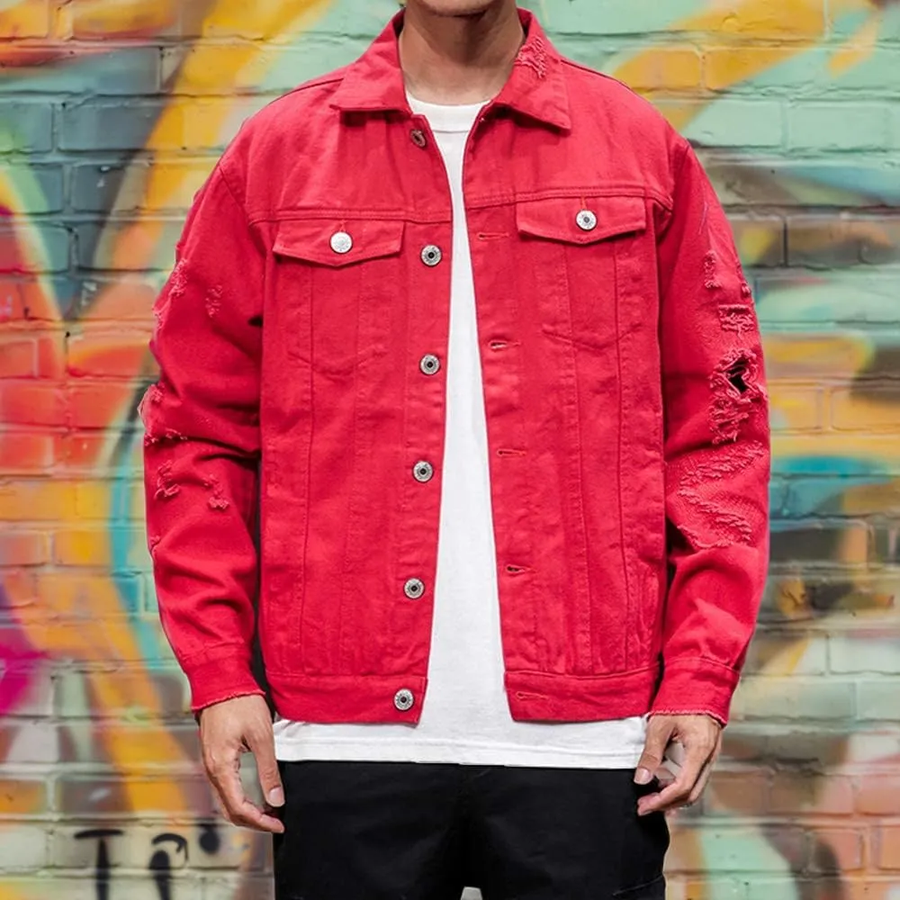 Rexcyril Men's Distressed Denim Jacket Casual Ripped Holes Button Down Trucker Jacket Jean Coat