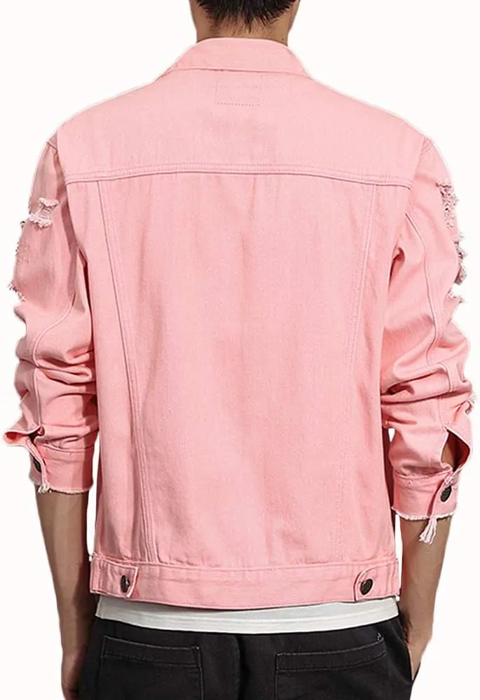 Rexcyril Men's Distressed Denim Jacket Casual Ripped Holes Button Down Trucker Jacket Jean Coat