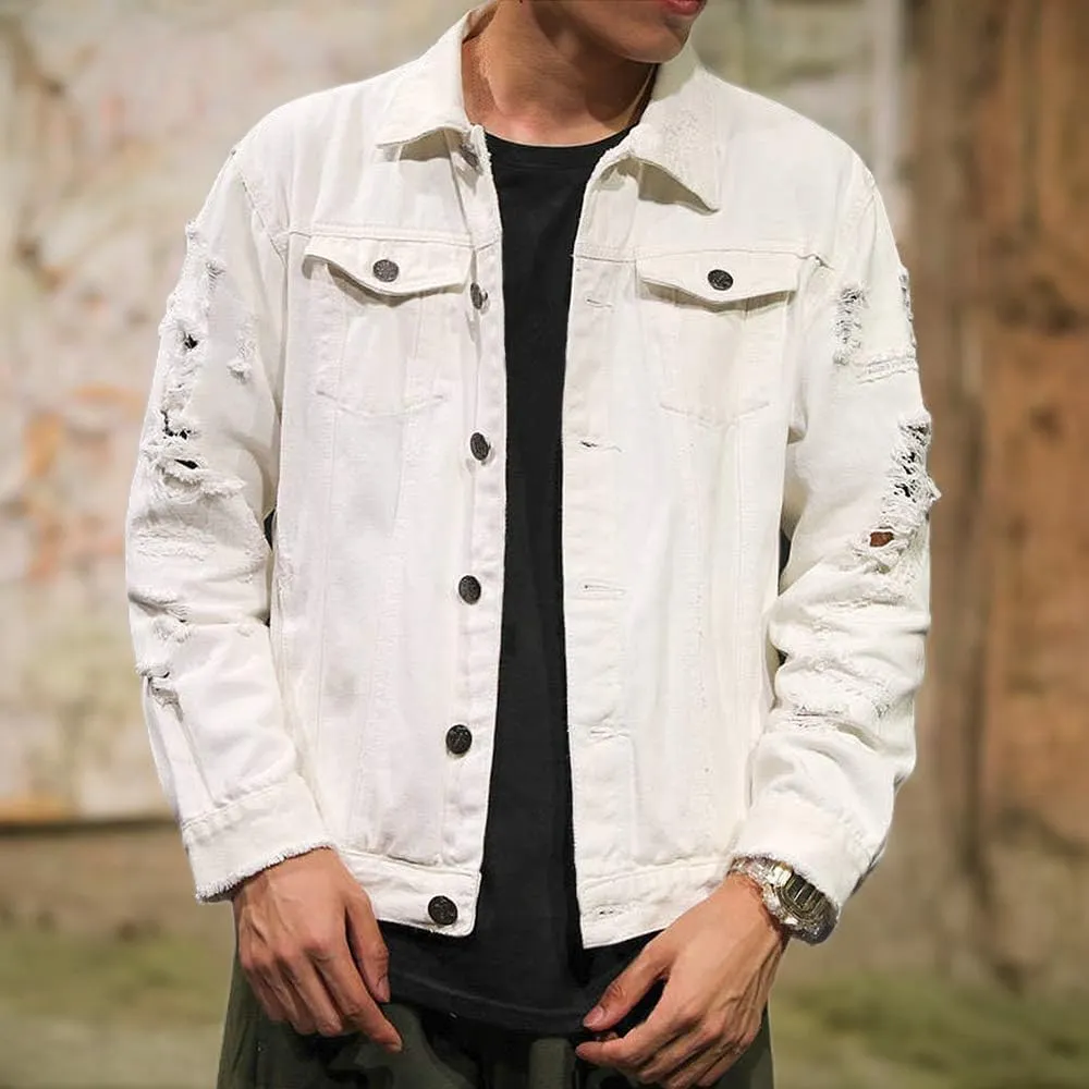 Rexcyril Men's Distressed Denim Jacket Casual Ripped Holes Button Down Trucker Jacket Jean Coat