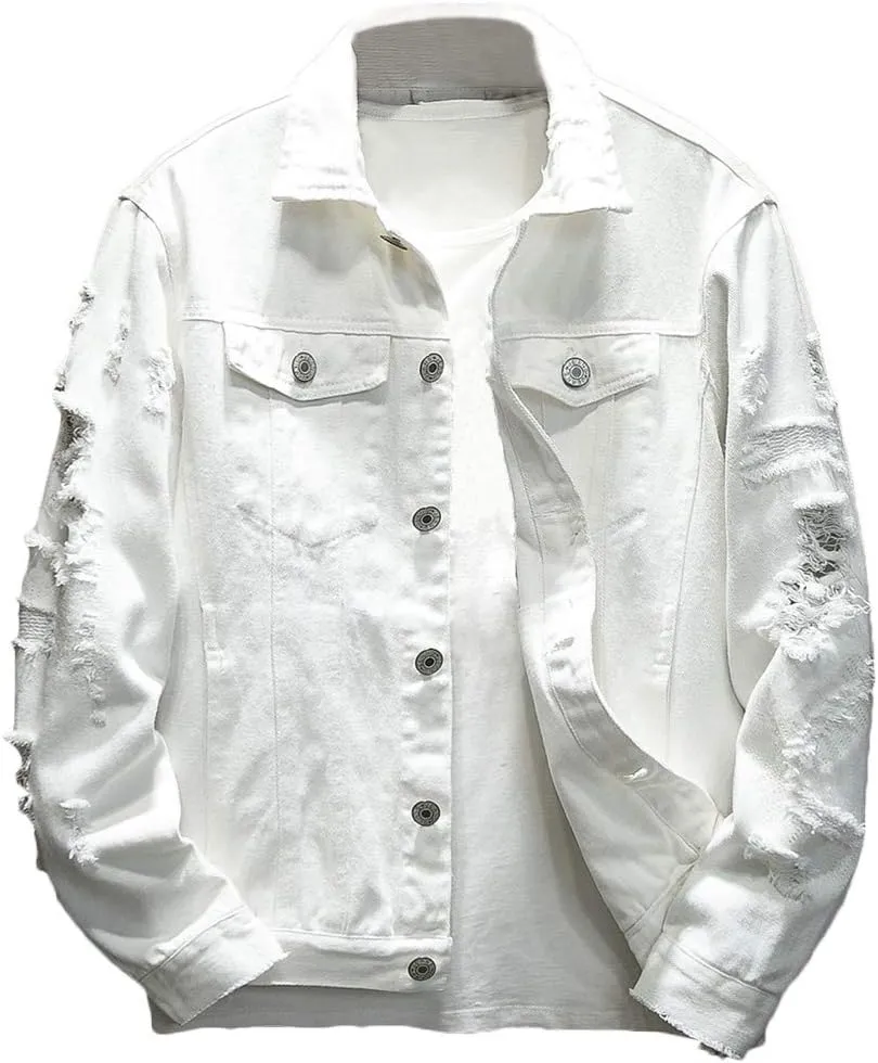Rexcyril Men's Distressed Denim Jacket Casual Ripped Holes Button Down Trucker Jacket Jean Coat
