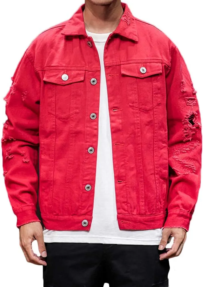 Rexcyril Men's Distressed Denim Jacket Casual Ripped Holes Button Down Trucker Jacket Jean Coat