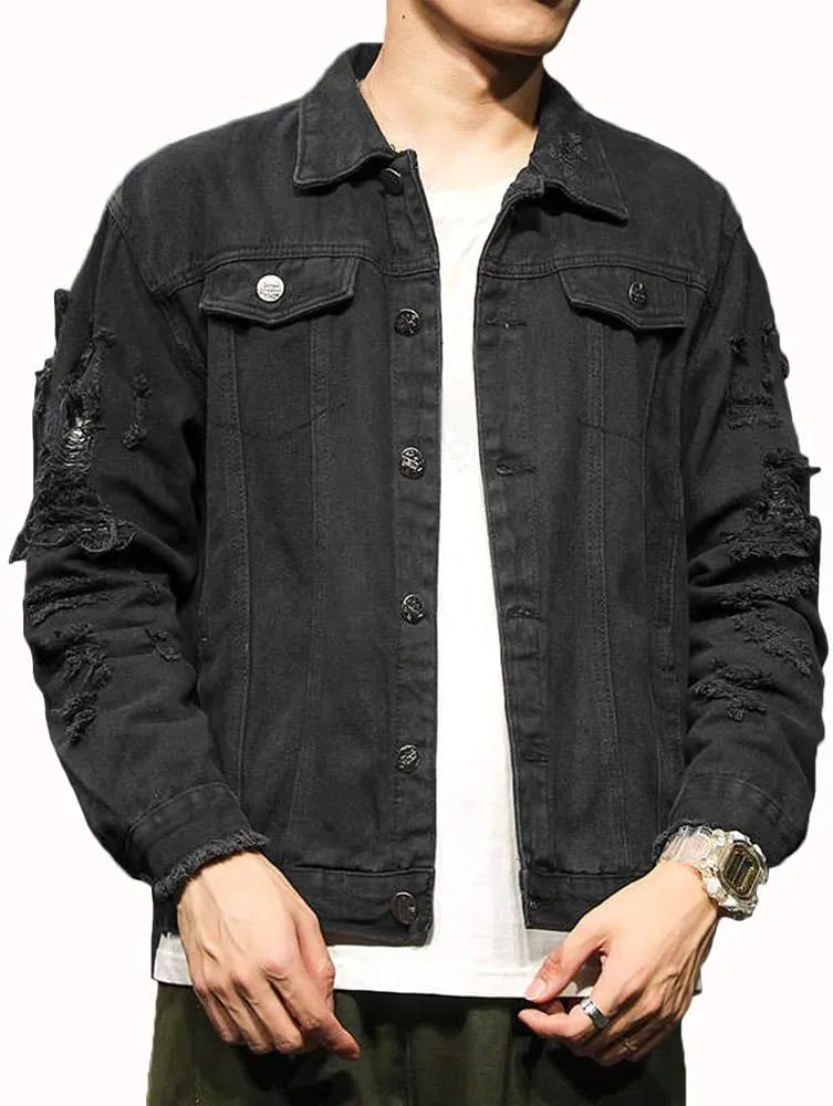 Rexcyril Men's Distressed Denim Jacket Casual Ripped Holes Button Down Trucker Jacket Jean Coat