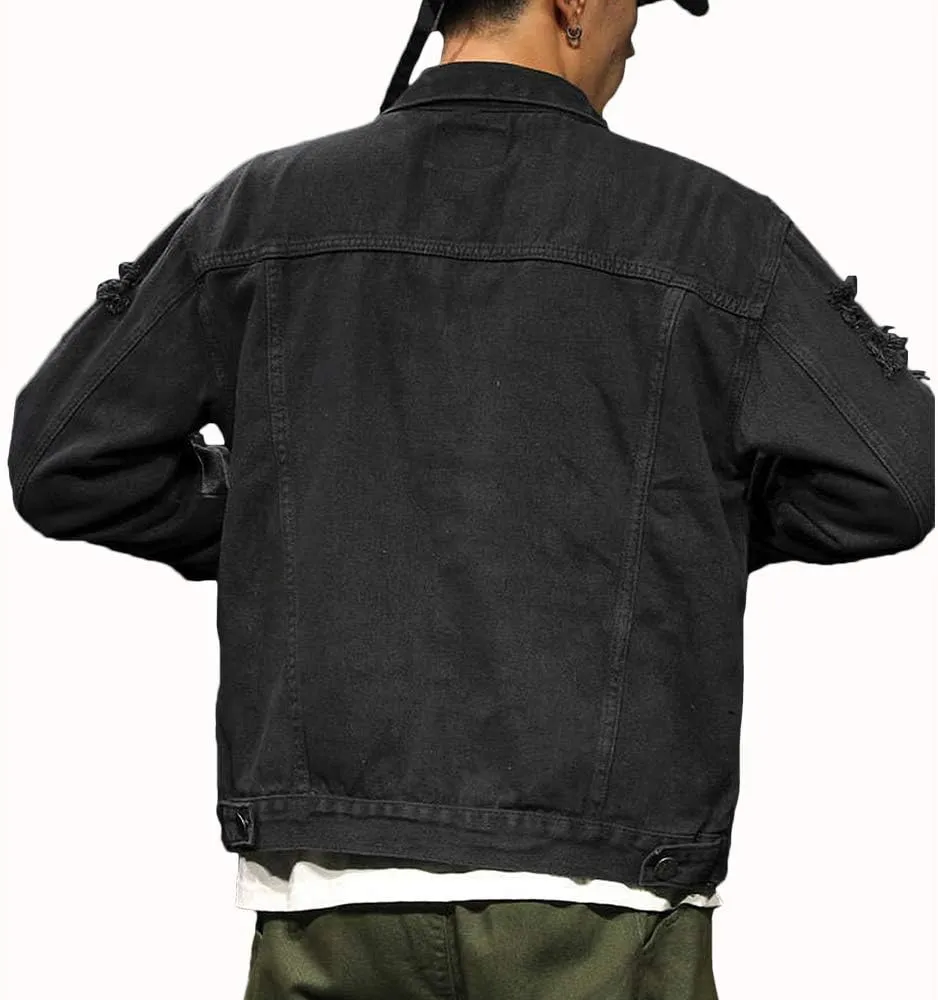 Rexcyril Men's Distressed Denim Jacket Casual Ripped Holes Button Down Trucker Jacket Jean Coat