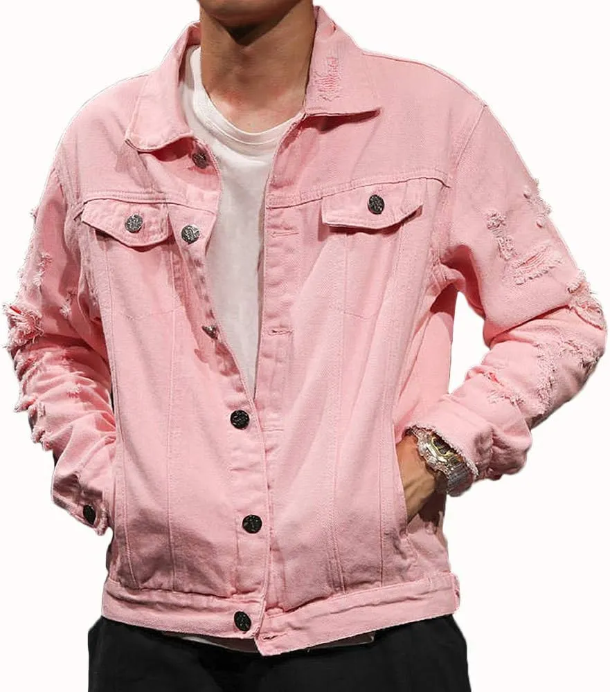 Rexcyril Men's Distressed Denim Jacket Casual Ripped Holes Button Down Trucker Jacket Jean Coat