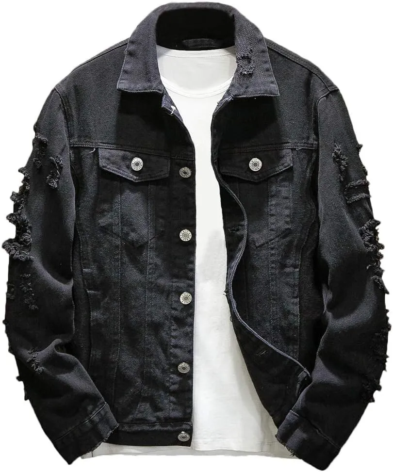 Rexcyril Men's Distressed Denim Jacket Casual Ripped Holes Button Down Trucker Jacket Jean Coat