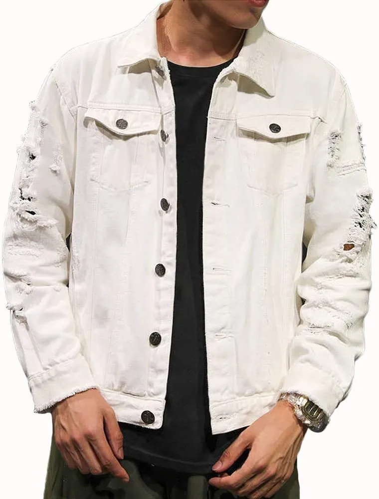 Rexcyril Men's Distressed Denim Jacket Casual Ripped Holes Button Down Trucker Jacket Jean Coat