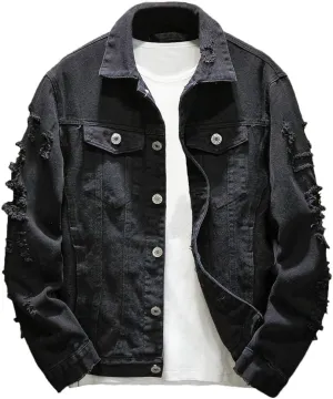 Rexcyril Men's Distressed Denim Jacket Casual Ripped Holes Button Down Trucker Jacket Jean Coat