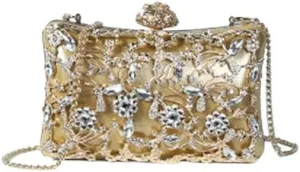 Rhinestones Hollow Fashion Lady Evening Bags Metal Flower Design Diamonds Clutch Shoulder Chain Party Wedding Female New Handbag (Color : Gold, Size : 22cm 4.5cm 11.5cm)