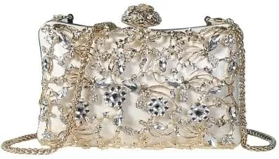 Rhinestones Hollow Fashion Lady Evening Bags Metal Flower Design Diamonds Clutch Shoulder Chain Party Wedding Female New Handbag (Color : Gold, Size : 22cm 4.5cm 11.5cm)