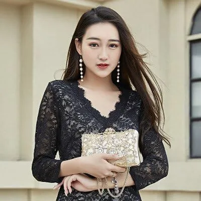 Rhinestones Hollow Fashion Lady Evening Bags Metal Flower Design Diamonds Clutch Shoulder Chain Party Wedding Female New Handbag (Color : Gold, Size : 22cm 4.5cm 11.5cm)