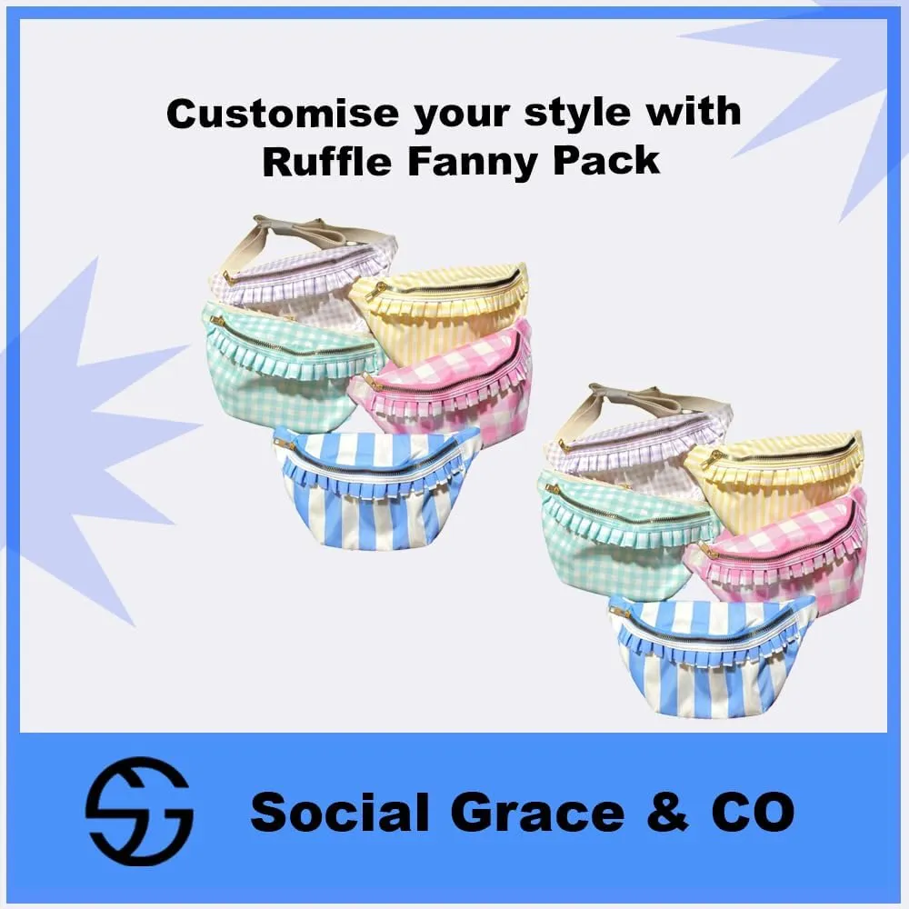 Ruffle Fanny Pack - Travel Toiletry Pouch with Zipper Preppy Makeup Bag Waterproof Makeup Organizer Bag Set for Women Girls DIY Customizable With Glitter Varsity Letter Initial Patch