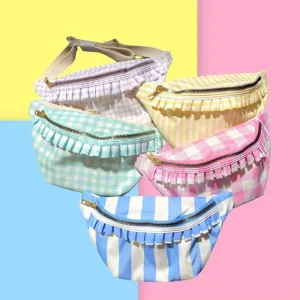 Ruffle Fanny Pack - Travel Toiletry Pouch with Zipper Preppy Makeup Bag Waterproof Makeup Organizer Bag Set for Women Girls DIY Customizable With Glitter Varsity Letter Initial Patch