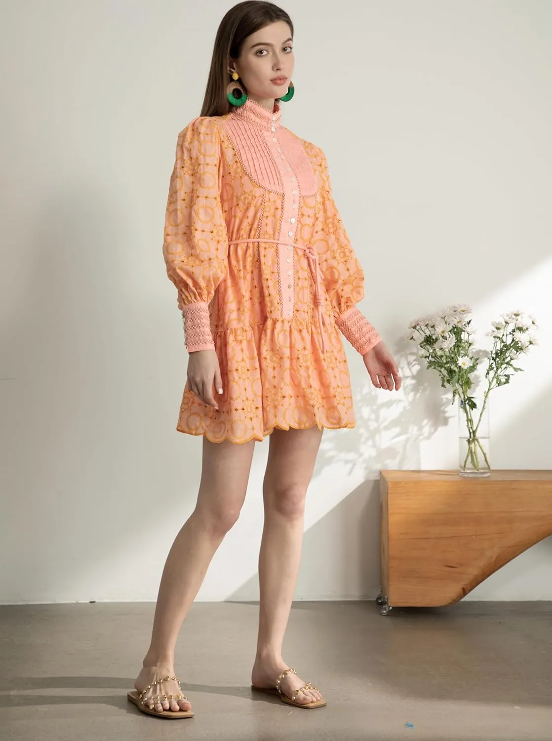 Ruffle Sleeve Tunic Midi Dress Flowy Shift Sundress Sweet Babydoll Button Down Swing Skirt