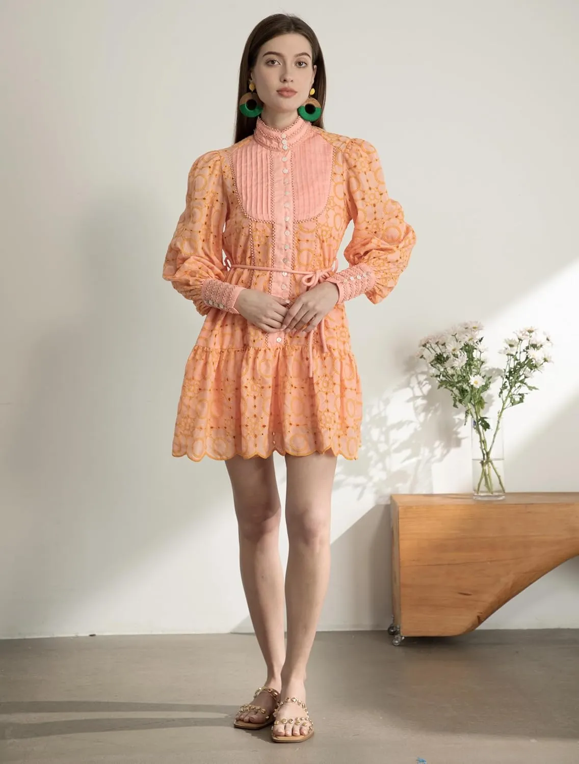 Ruffle Sleeve Tunic Midi Dress Flowy Shift Sundress Sweet Babydoll Button Down Swing Skirt