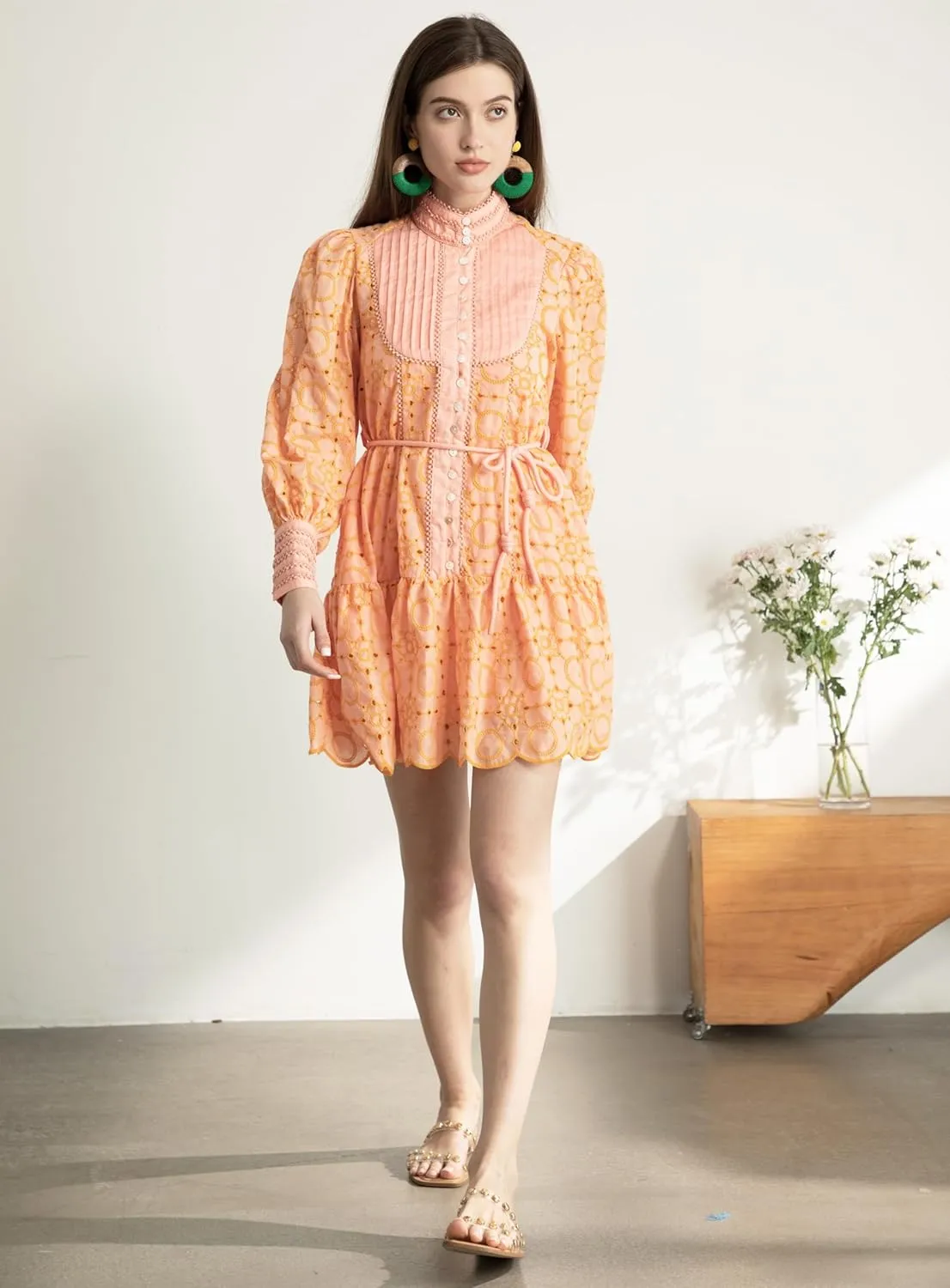 Ruffle Sleeve Tunic Midi Dress Flowy Shift Sundress Sweet Babydoll Button Down Swing Skirt