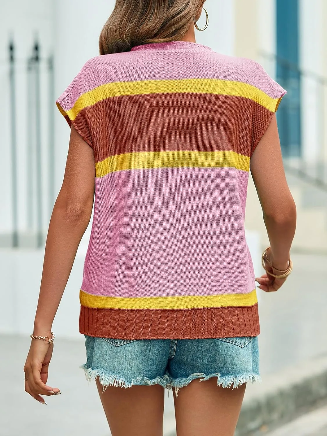 Saodimallsu Womens Cap Sleeve Sweater Vest Top Summer Color Block Loose Knit Going Out Shirts