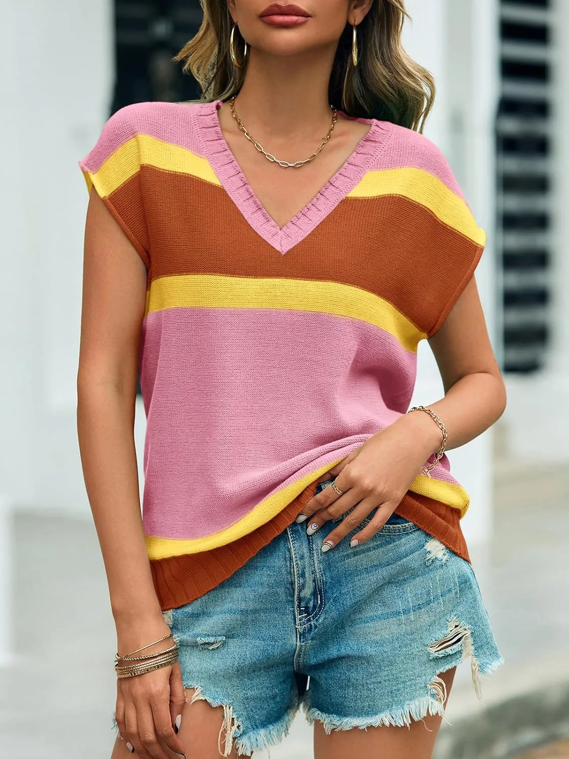 Saodimallsu Womens Cap Sleeve Sweater Vest Top Summer Color Block Loose Knit Going Out Shirts