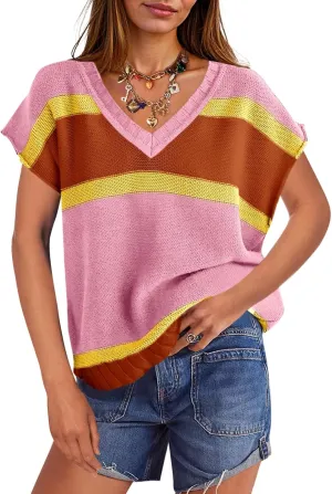 Saodimallsu Womens Cap Sleeve Sweater Vest Top Summer Color Block Loose Knit Going Out Shirts