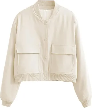 SCUSTY Women's Button Down Bomber Jacket Drop Shoulder Short Cropped Coat Outwear