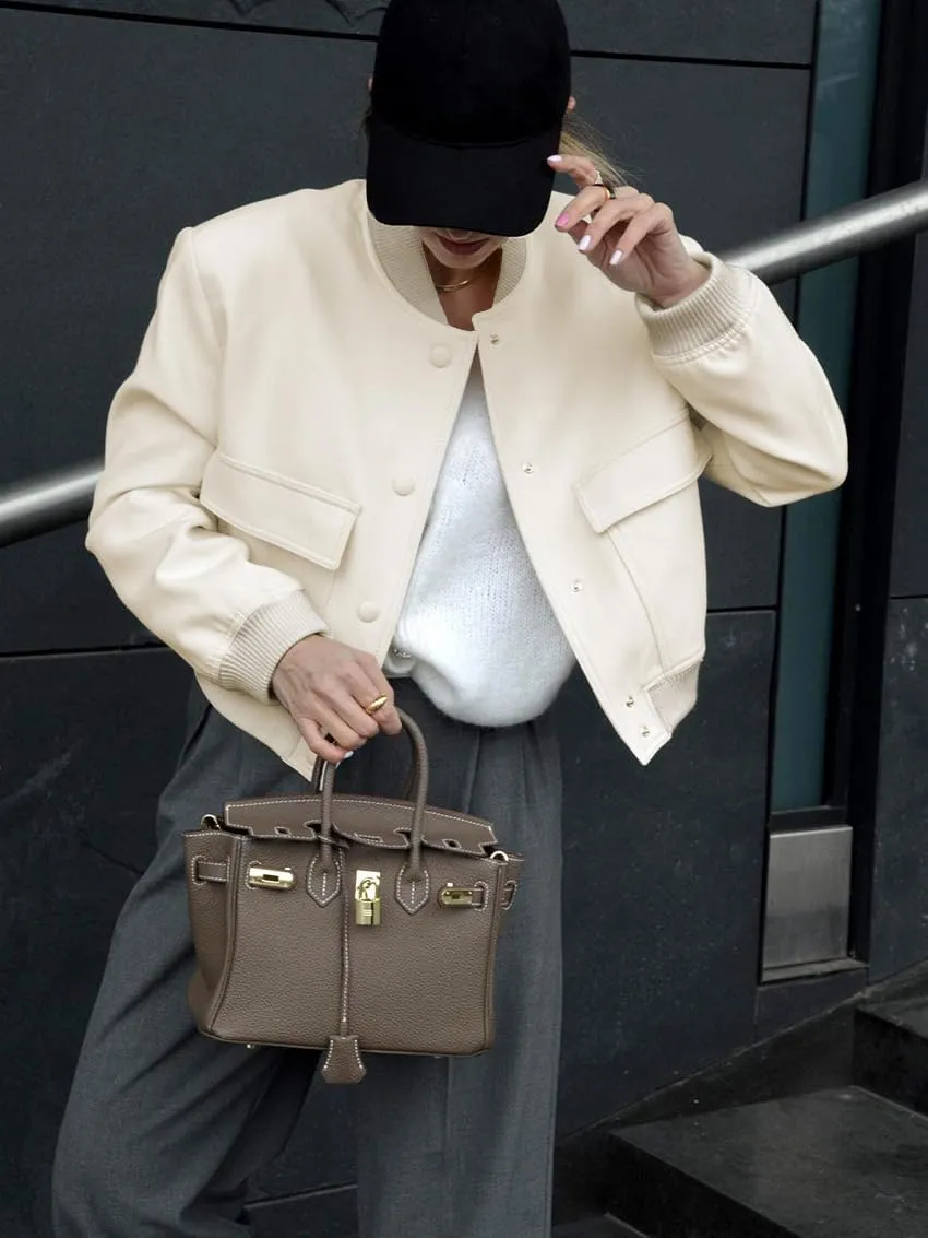 SCUSTY Women's Button Down Bomber Jacket Drop Shoulder Short Cropped Coat Outwear